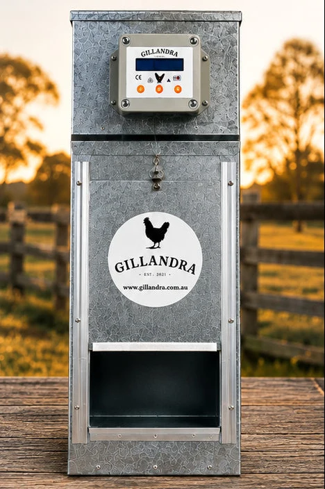 Gillandra Autofeed 20 automatic chicken feeder standing on a timber deck in golden-hour light