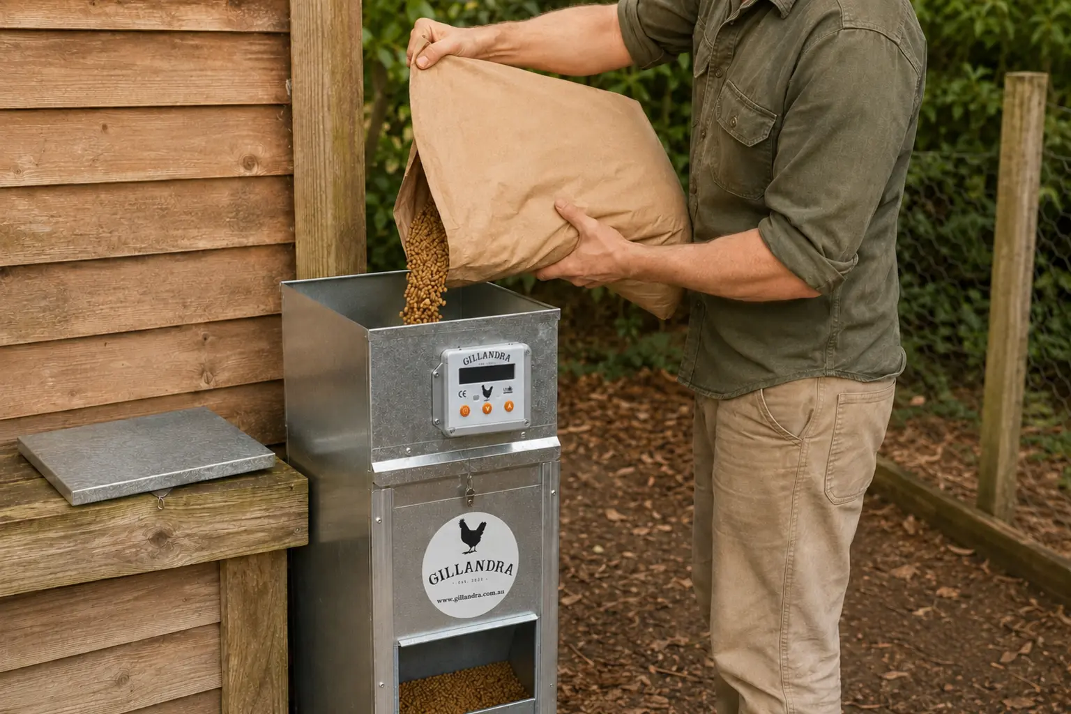 Chicken keeper pouring feed into the large Gillandra automatic feeder hopper.