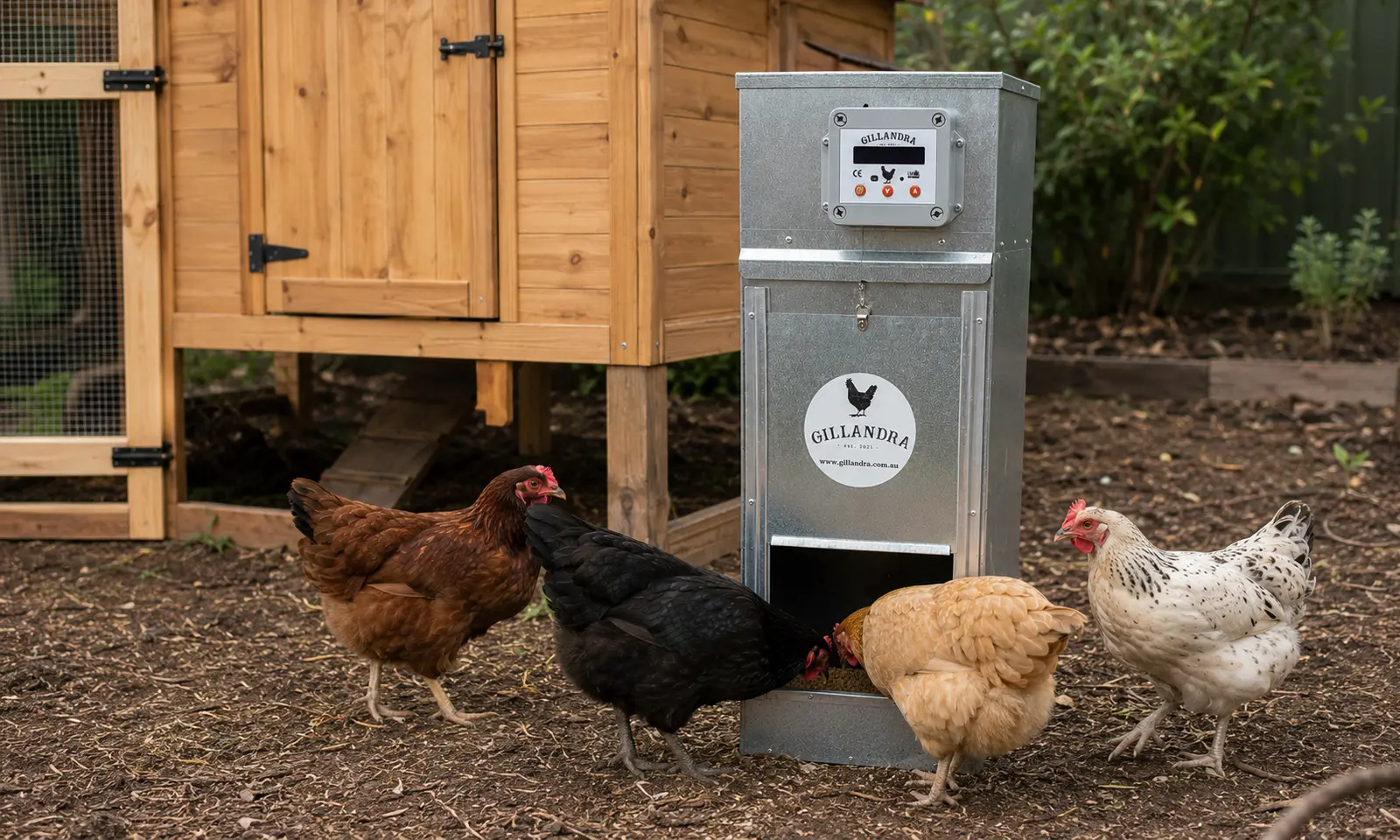 Four backyard chickens using the Gillandra automatic chicken feeder.