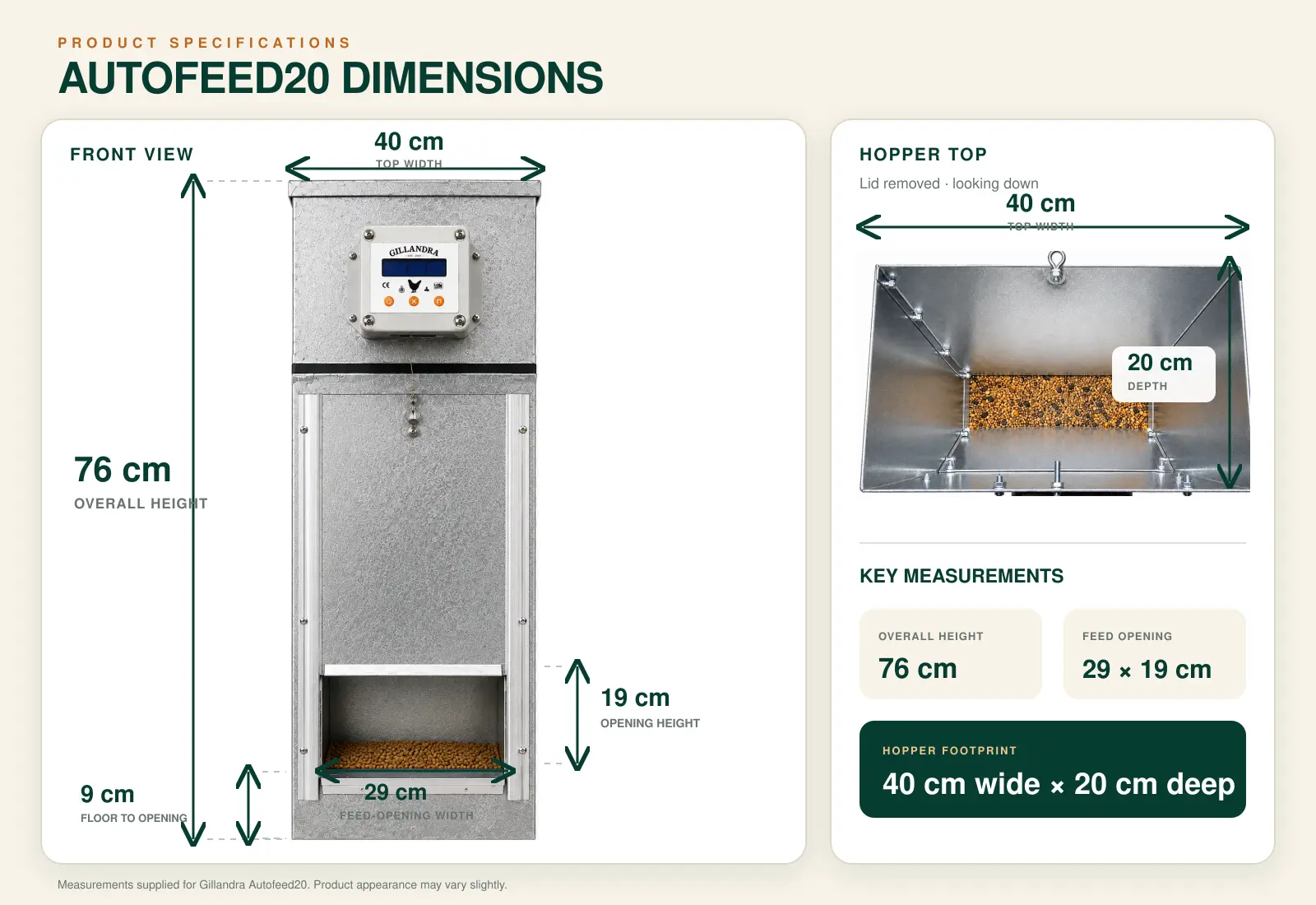 Dimension drawing of the Gillandra Autofeed 20 automatic chicken feeder showing front and side measurements.