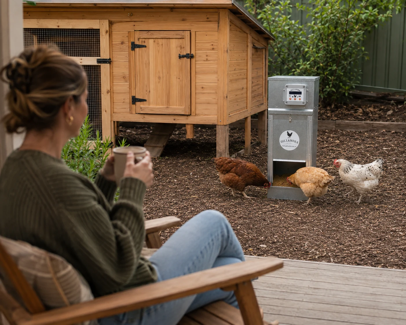 Chicken owner relaxing while the automatic feeder serves the flock.