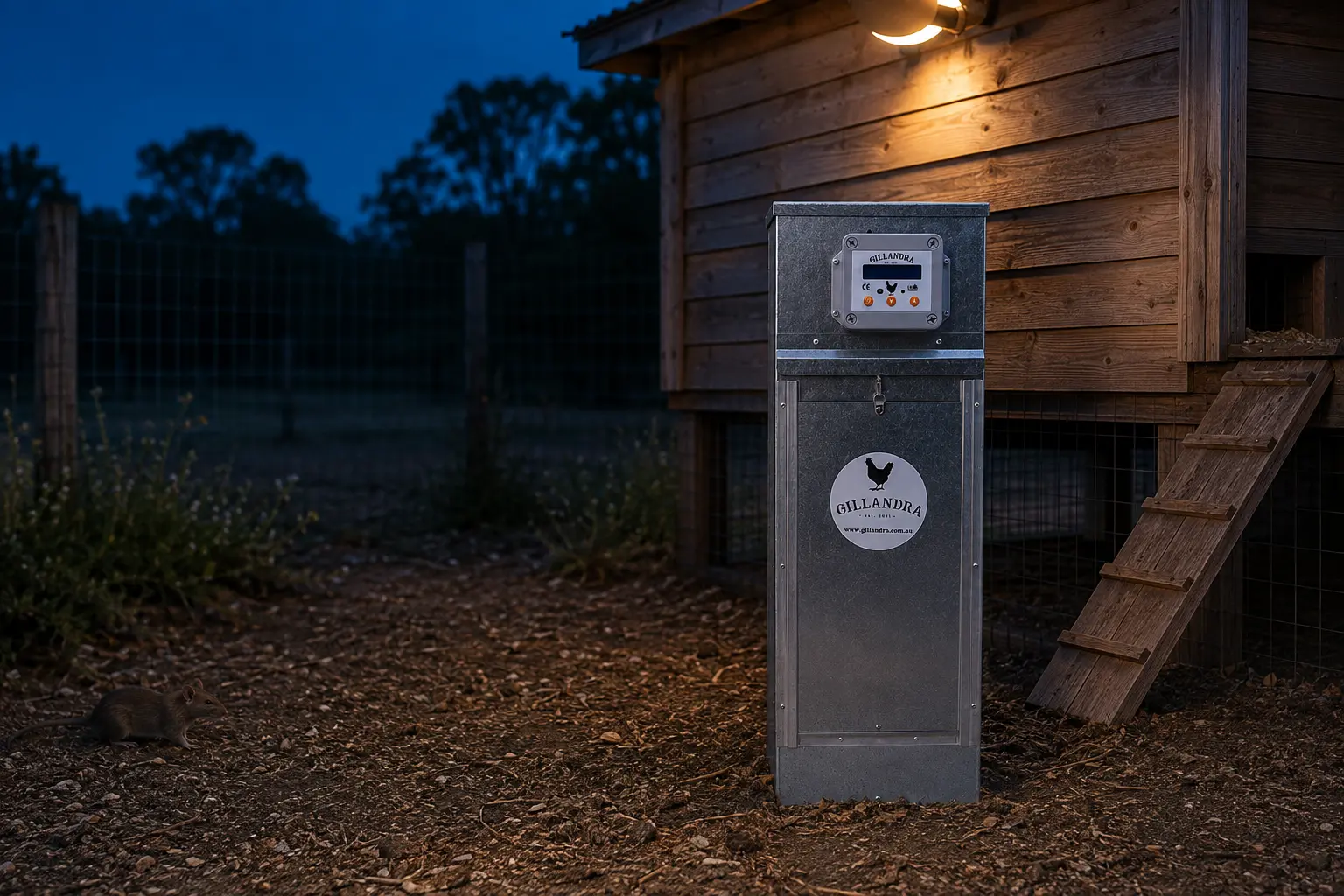 Gillandra automatic chicken feeder closed securely after dark with a rat kept away from the feed.