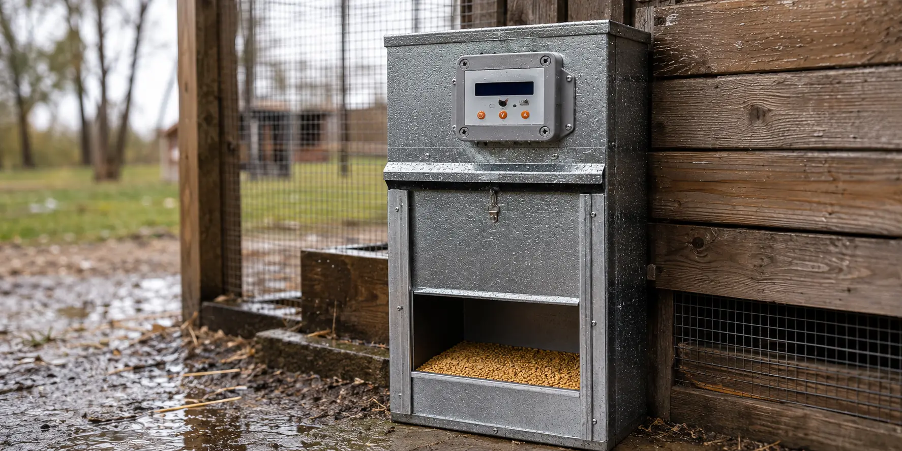 Door weather strip protecting the Gillandra automatic chicken feeder from rain and moisture